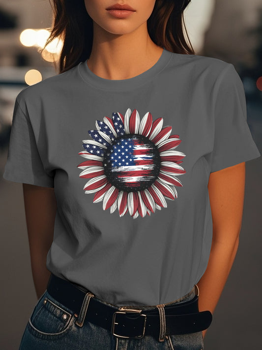 American flag sunflower Fashion women's pure cotton T-shirt short sleeves
