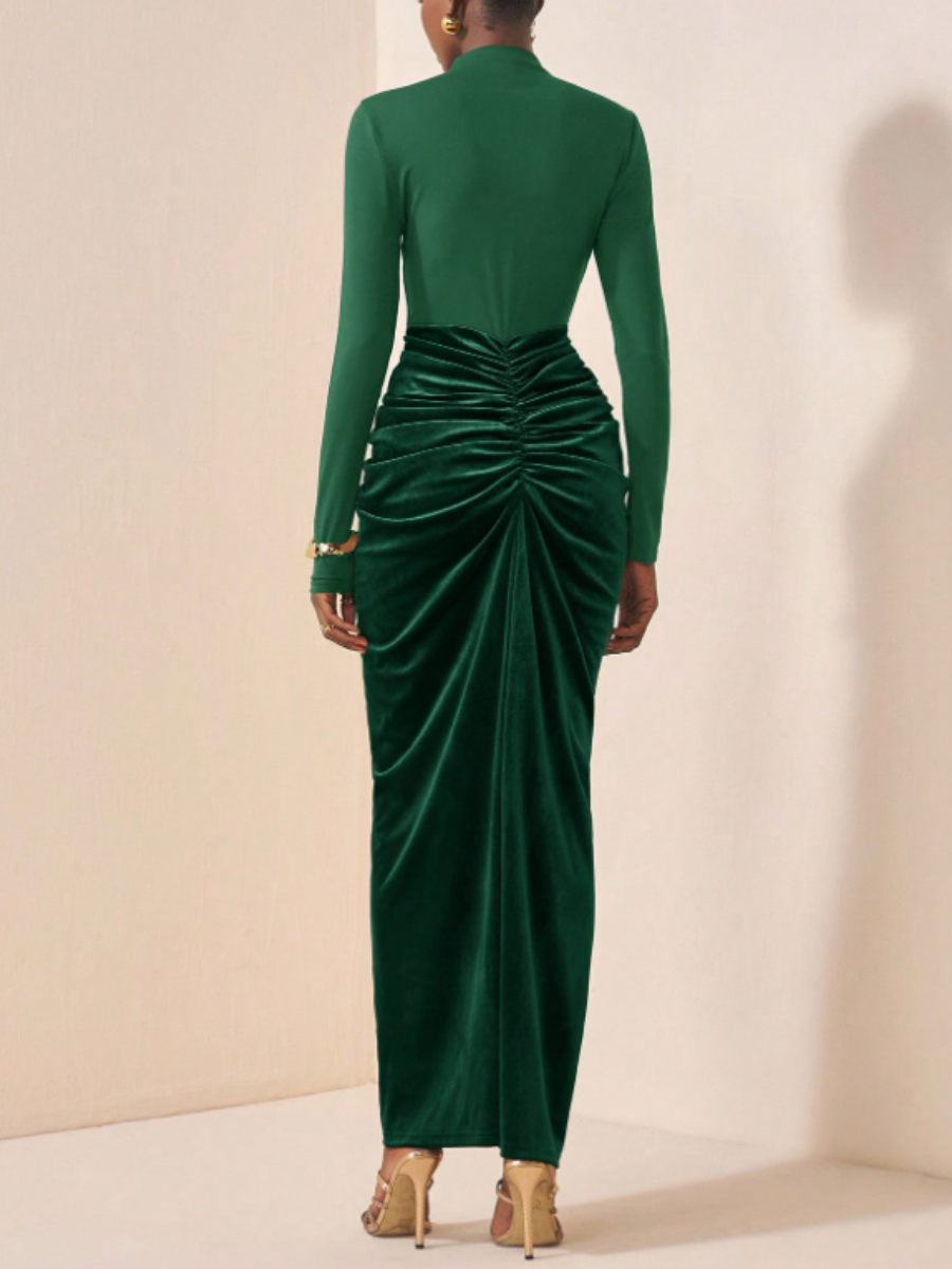 Velvet-Waist Pleated Dress