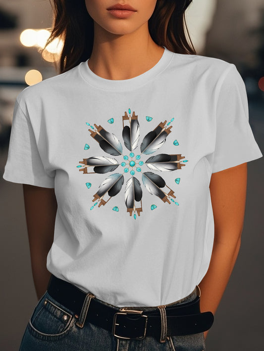 feathers and turquoise stones Fashion women's pure cotton T-shirt short sleeves