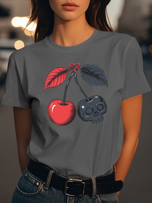 two cherries connected by stems Fashion women's pure cotton T-shirt short sleeves
