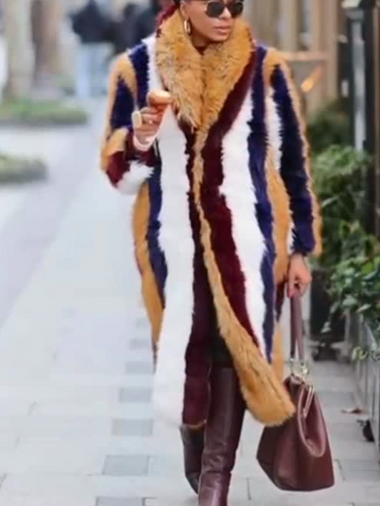 Faux Fur Contrast Vertical Stripe Coat