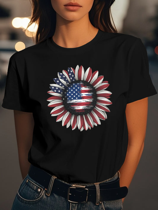 American flag sunflower Fashion women's pure cotton T-shirt short sleeves