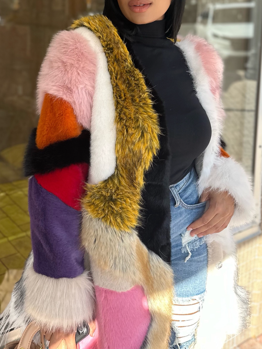 Stitched Contrast Faux Fur Coat