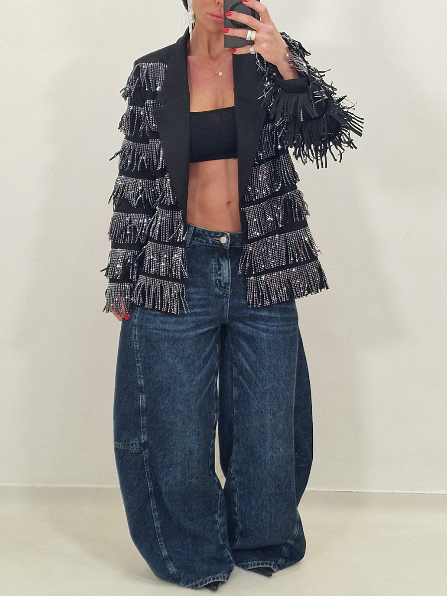 Notched Lapel Jacket With Rhinestone Tassel