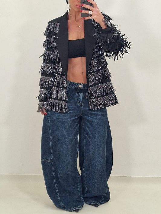 Notched Lapel Jacket With Rhinestone Tassel