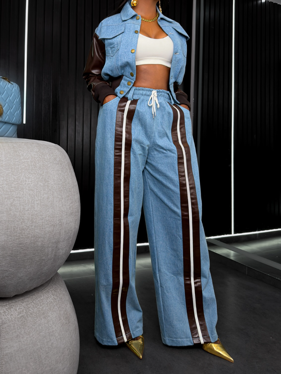 Denim Patchwork Leather Suit