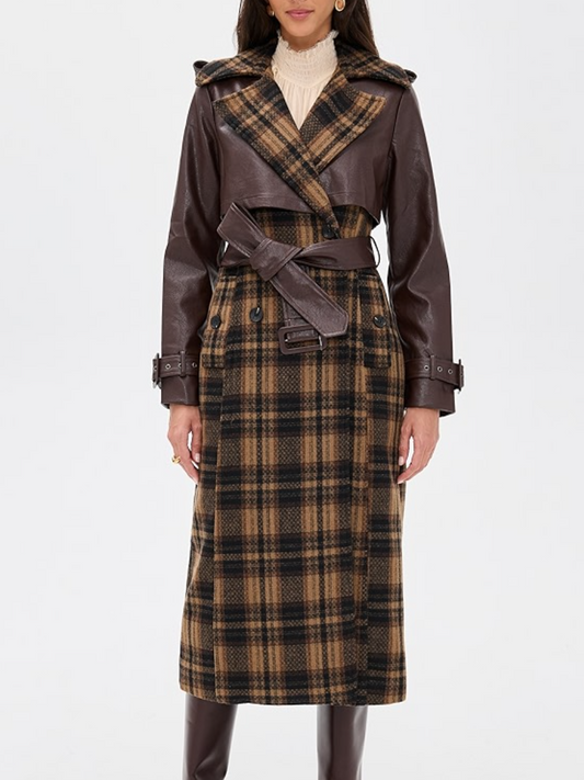 Check Pattern And Faux Leather Trim Coat