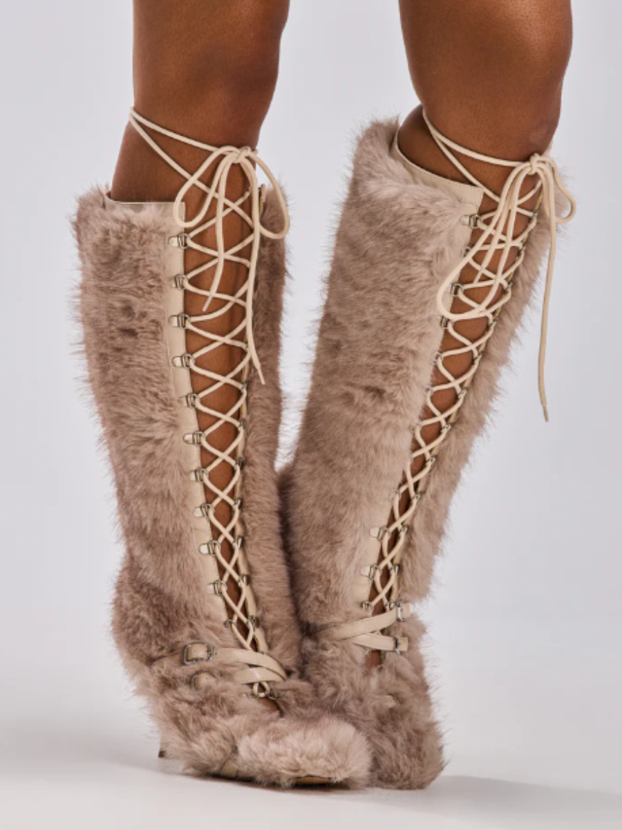 Plush Lace-Up Pumps