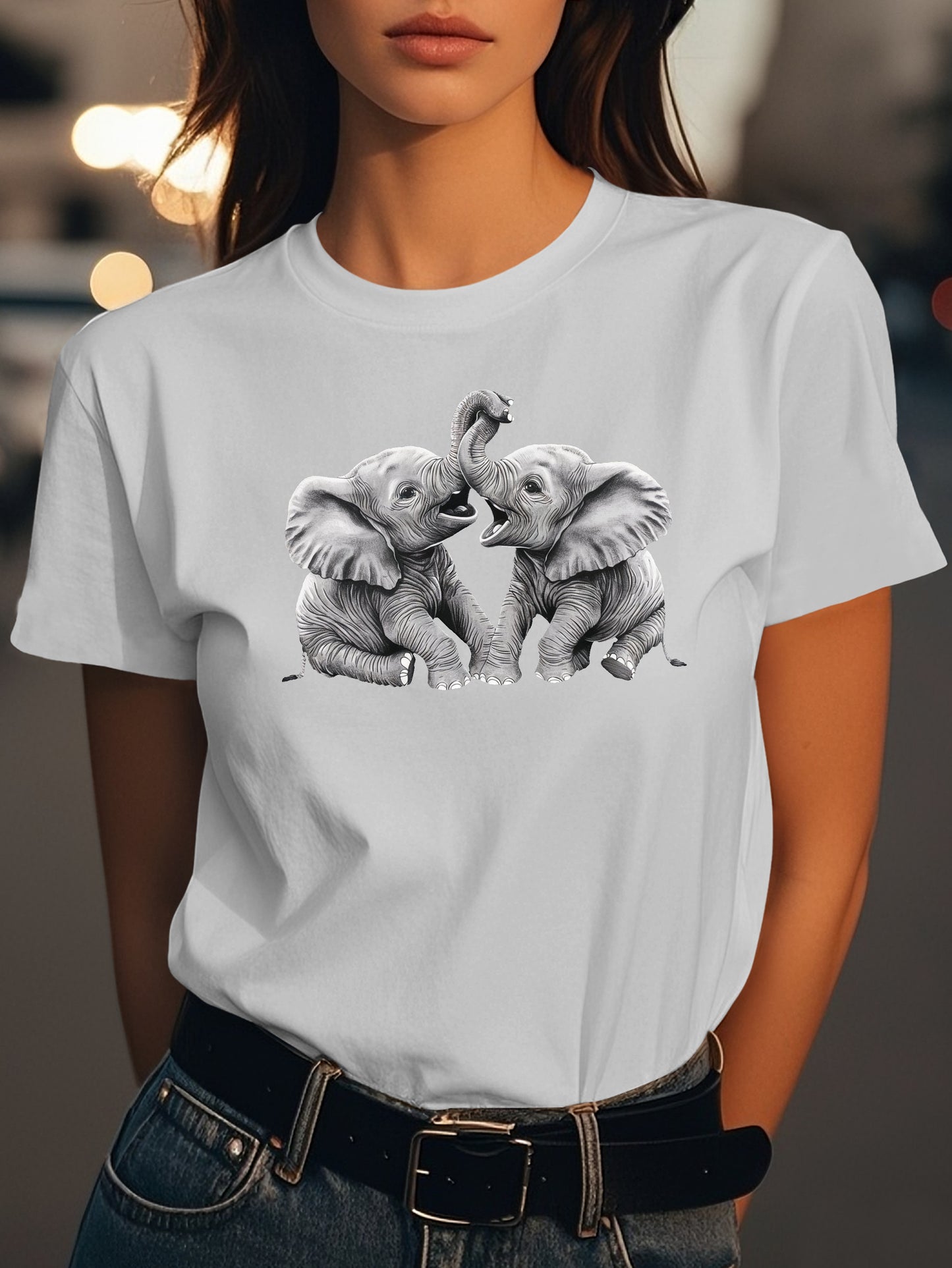Two baby elephants playfully interacting Fashion women's pure cotton T-shirt short sleeves