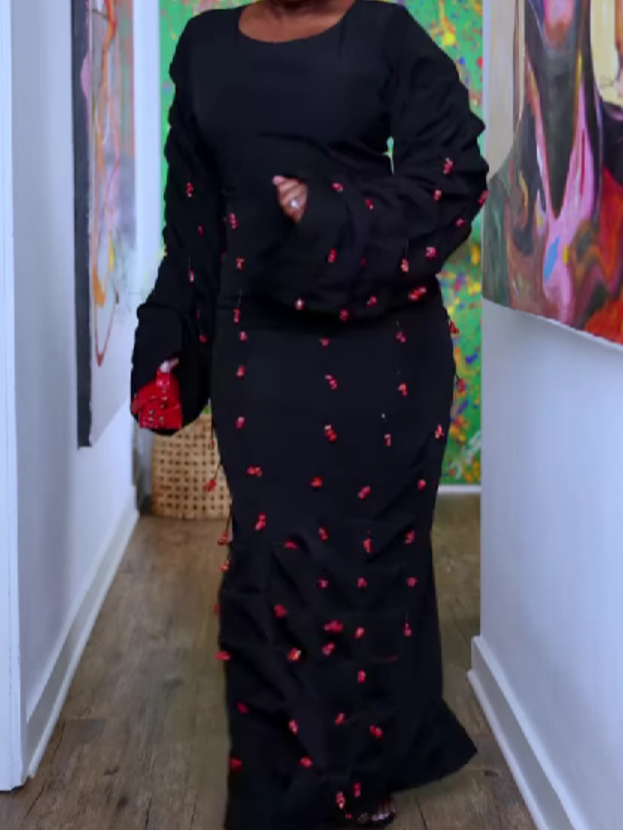 Red Coral Bead Pendant Laminated Skirt Dress