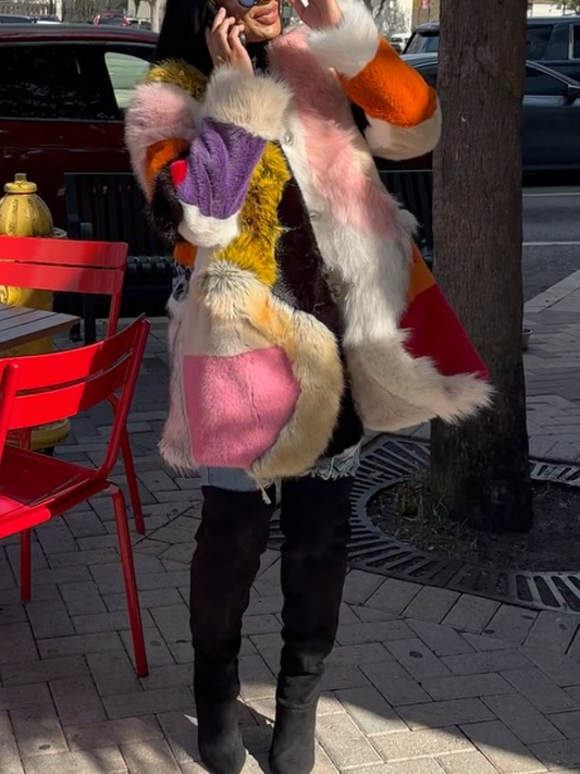 Stitched Contrast Faux Fur Coat