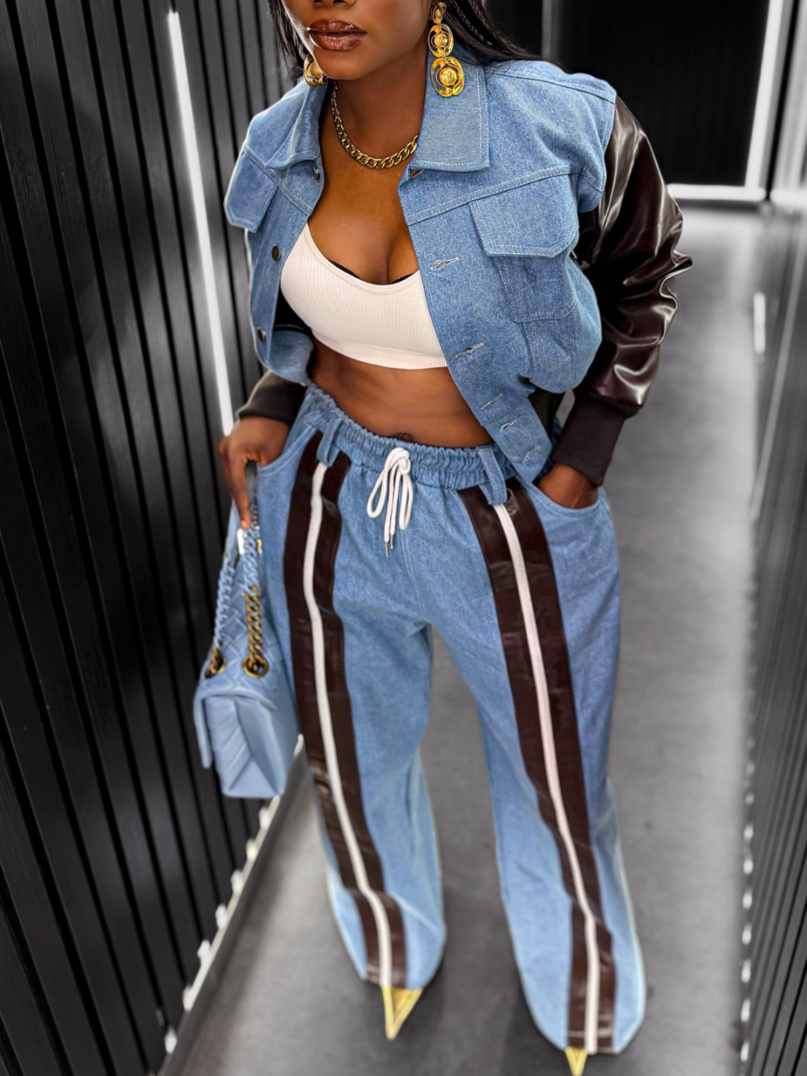 Denim Patchwork Leather Suit