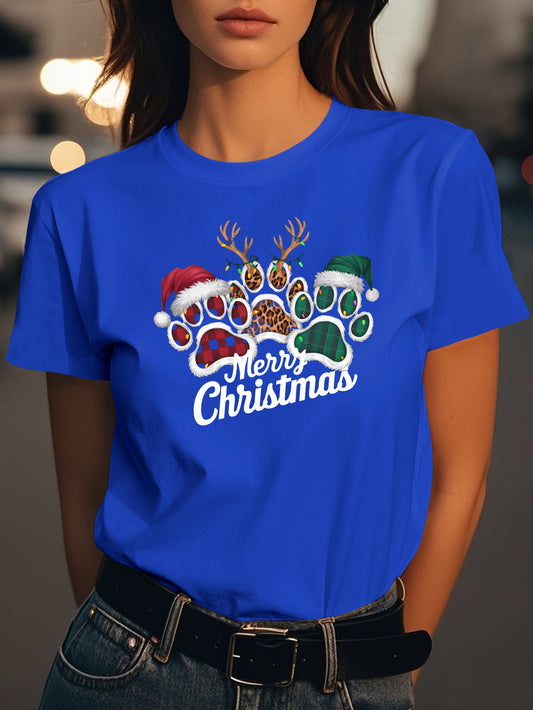 Merry Christmas paw prints Fashion women's pure cotton T-shirt short sleeves