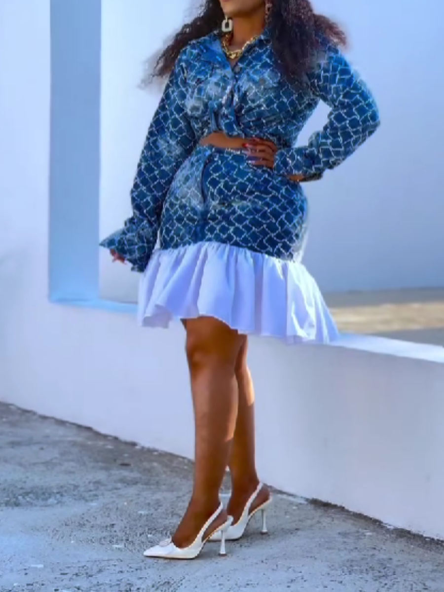 Embroidered Denim Sequin Skirt Set