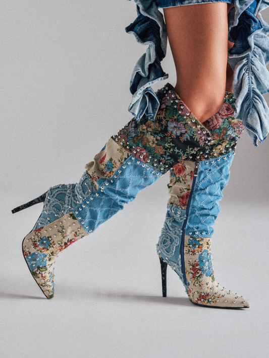 Denim Point-toe Pumps With Studs