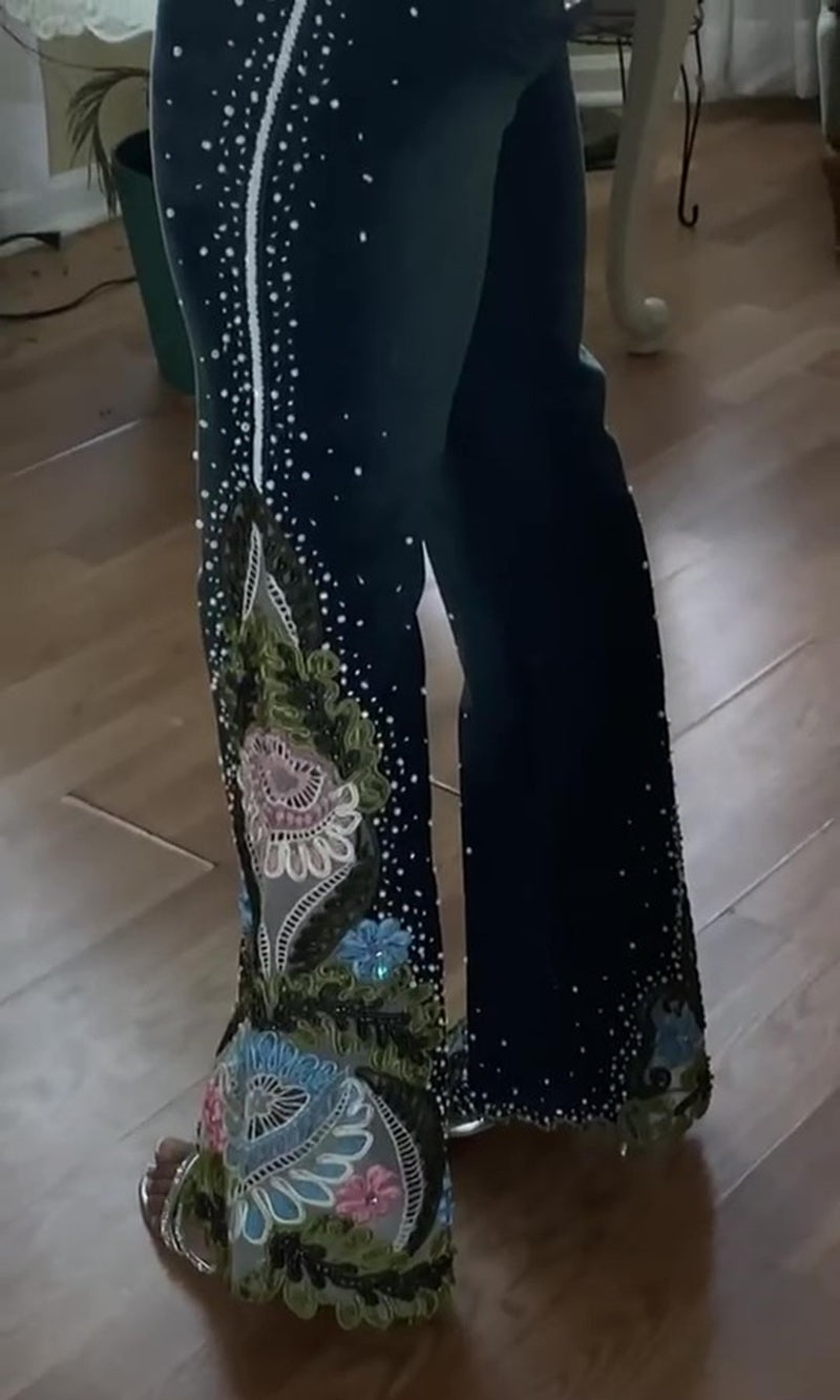Embroidered Rhinestone Flared Jeans