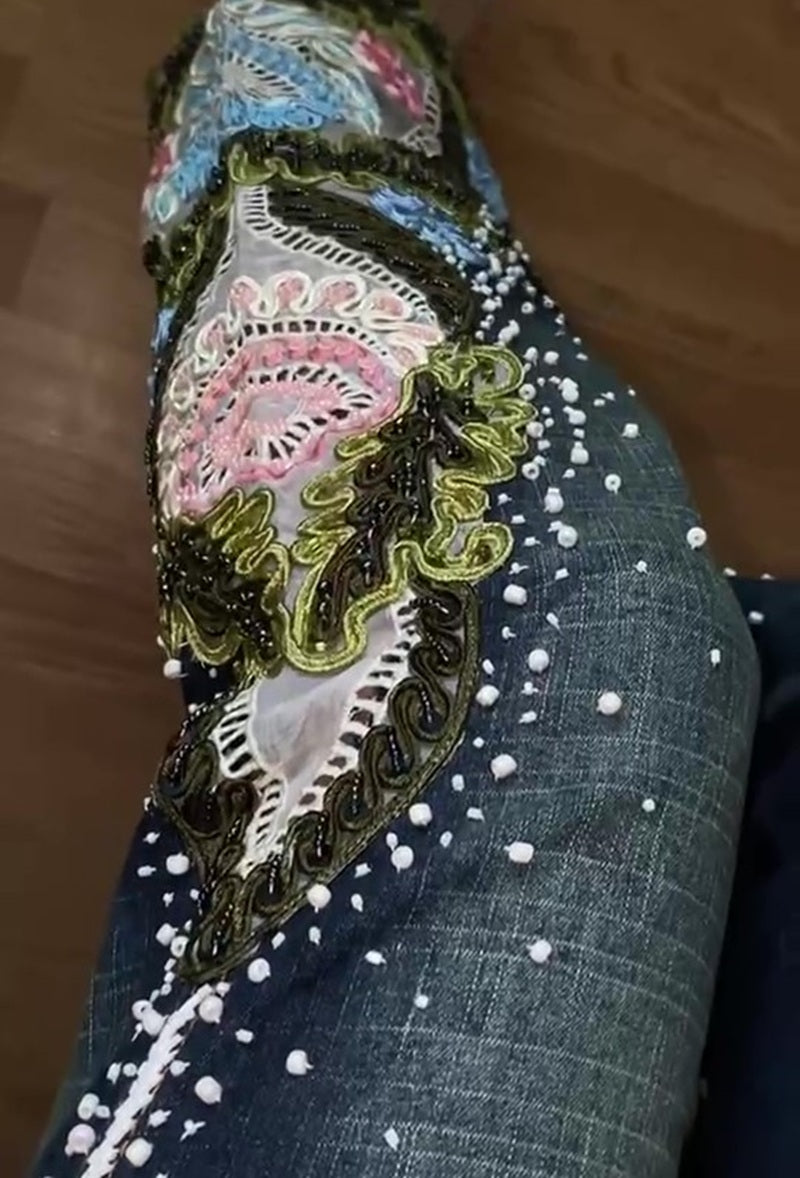 Embroidered Rhinestone Flared Jeans
