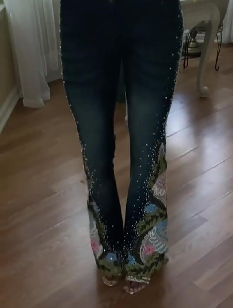 Embroidered Rhinestone Flared Jeans